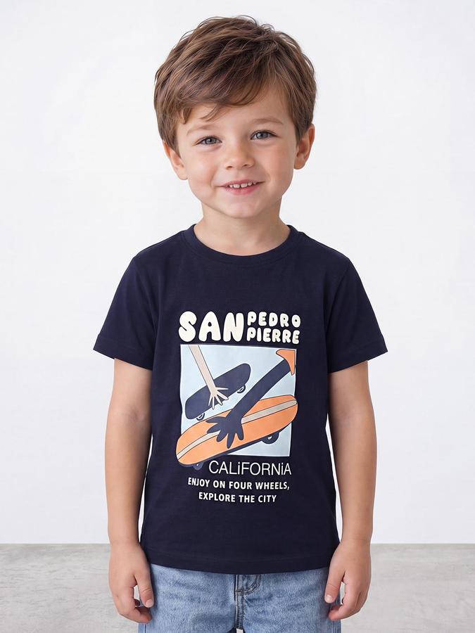 R&B Boys Navy Blue Short Sleeve Round Neck Skating Graphic Print T-Shirt