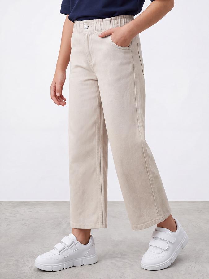 R&B Girls Beige Solid Wide Leg Mid Rise Trousers