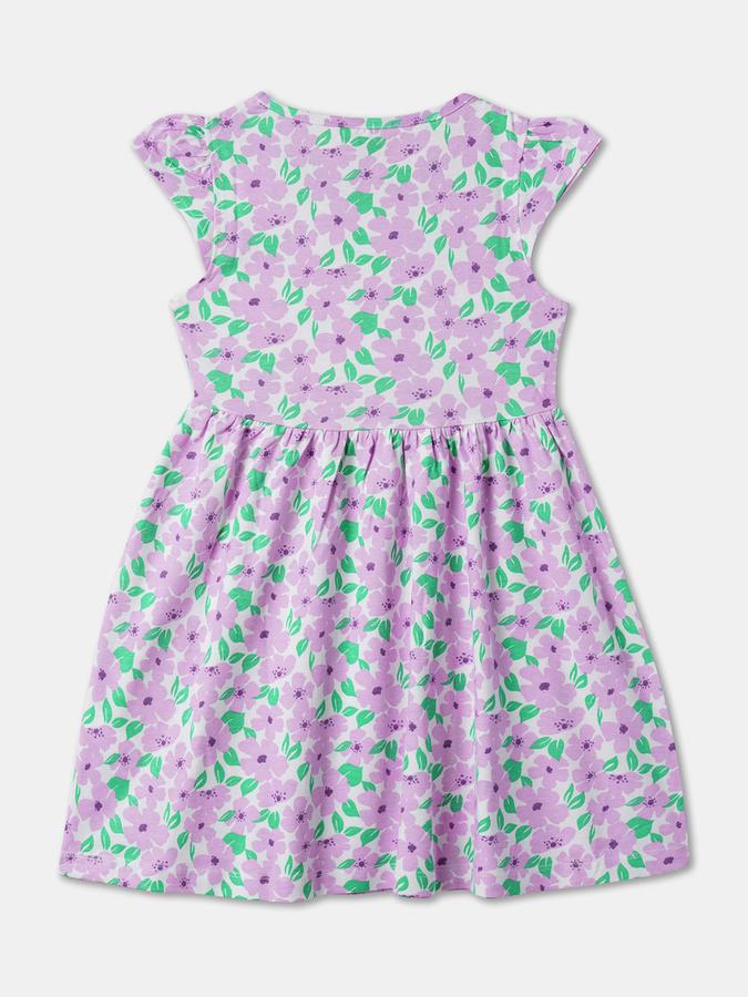 Girls Floral Print Cap Sleeve Round Neck Knee Length Dress