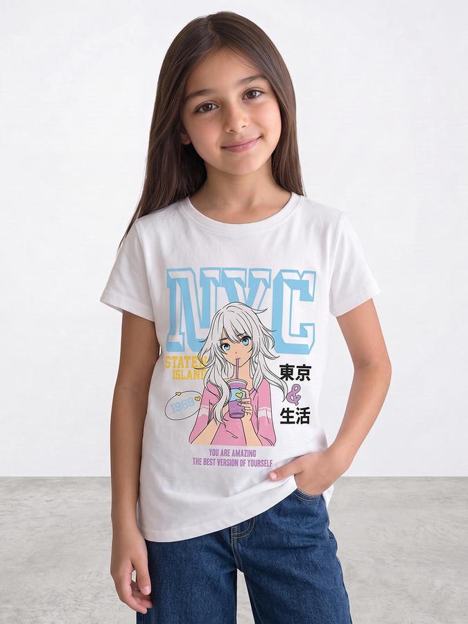 R&B Girls White Graphic Print Short Sleeves Round Neck Pure Cotton T-Shirt