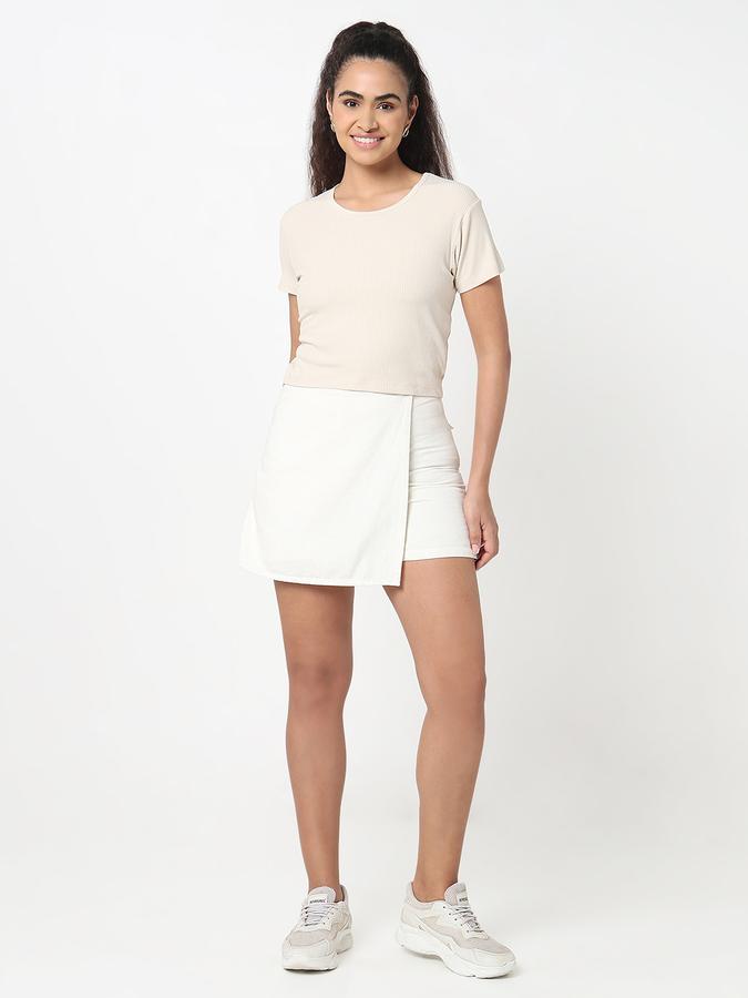 R&B Women Beige Solid Cropped Ribbed Top