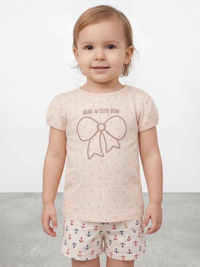 R&B Girls Beige Regular Fit Bow Printed Short Sleeve T-shirt