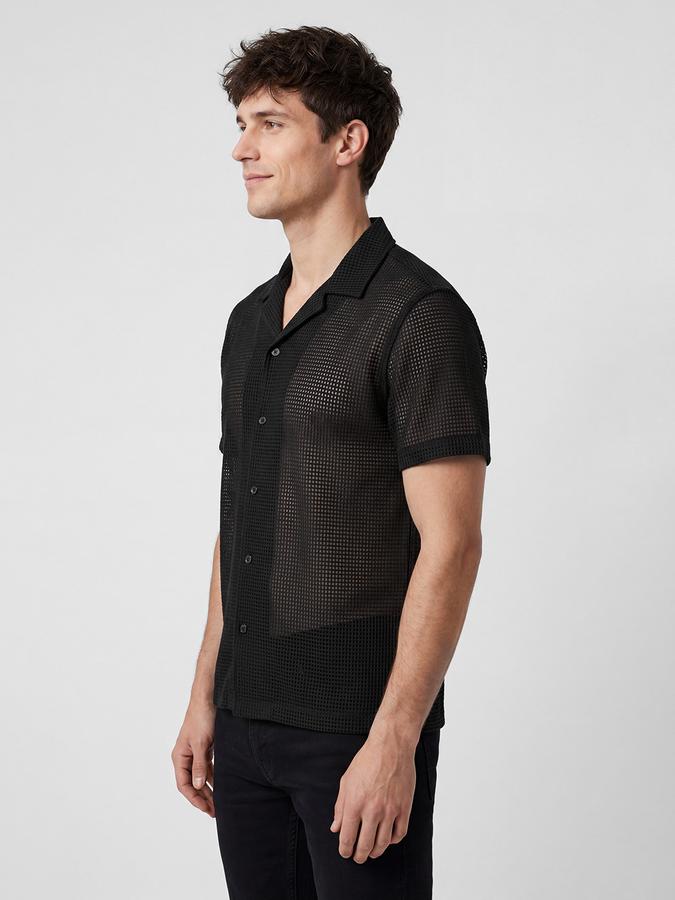 R&B Black Textured Men Cuban Collar Short Sleeves Shirt