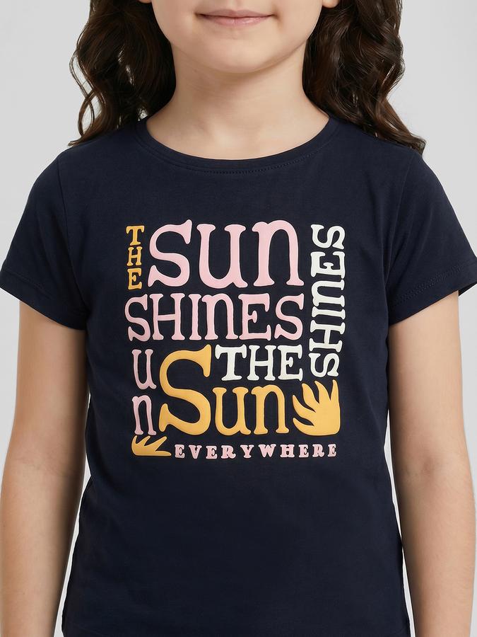 R&B Navy Blue Graphic Print Girls Round Neck Regular Fit Short Sleeves T-Shirt 