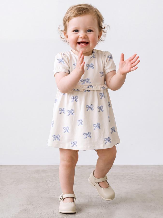 R&B Girl Beige Round Neck Printed Dress