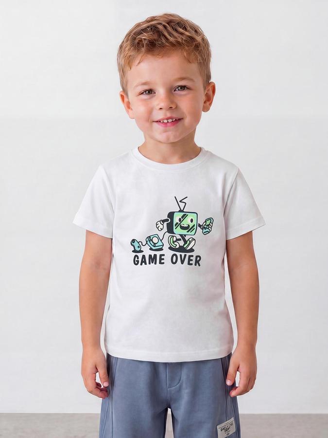 R&B Boys Beige Short sleeve Round Neck Game On Typography Graphics Pure Cotton T-Shirt