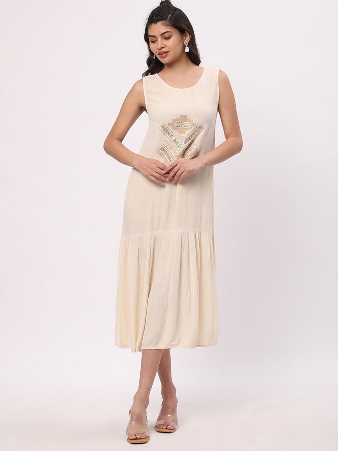 R&B Women Beige Embellished Sleeveless Round Neck Midi A-Line Ethnic Dress