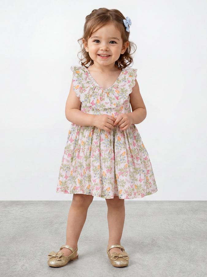 R&B Girl White Floral Butterfy Print Pure Cotton Sleeveless Fit and Flare Dress