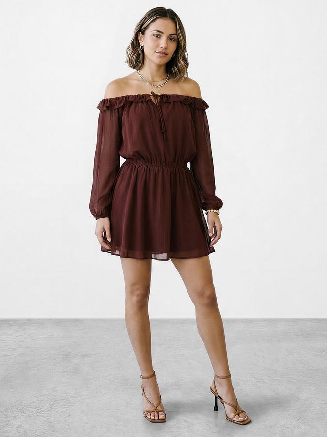 R&B Women Coffee Solid Off-shoulder Dress