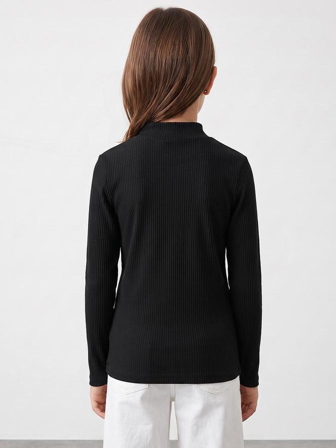 R&B Girls Black Textured Long Sleeves High Neck Ribbed T-Shirt