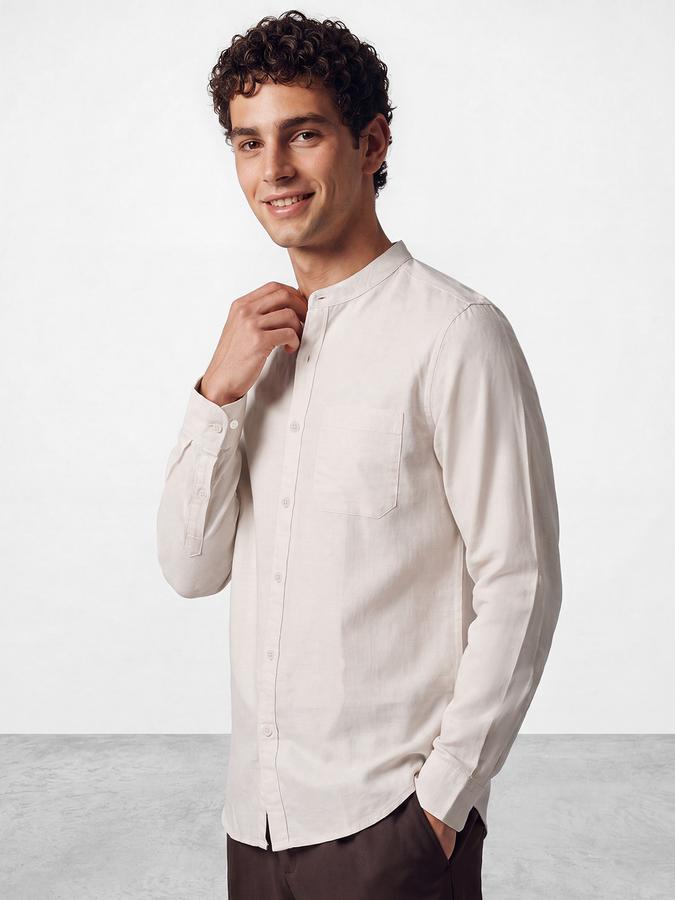 R&B Men's Cream Long Sleeves Slub Mandarin Collar Shirt