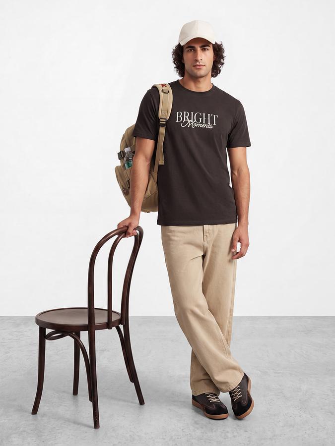 R&B Men Coffee Brown Typographic Print Short Sleeves Pure Cotton Tshirt
