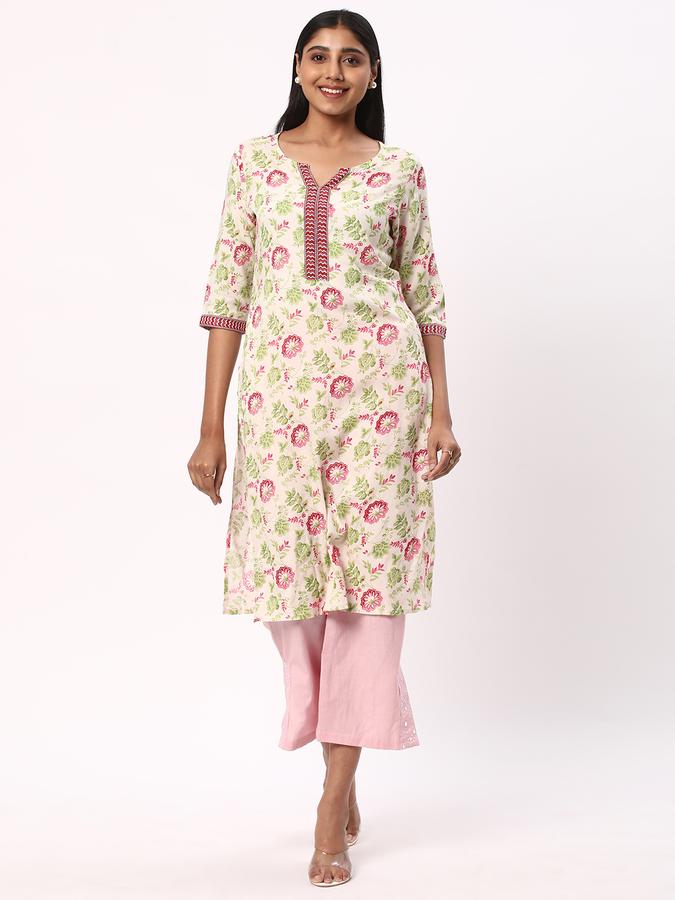 Women Cotton Regular Fit V Neck Printed Kurta