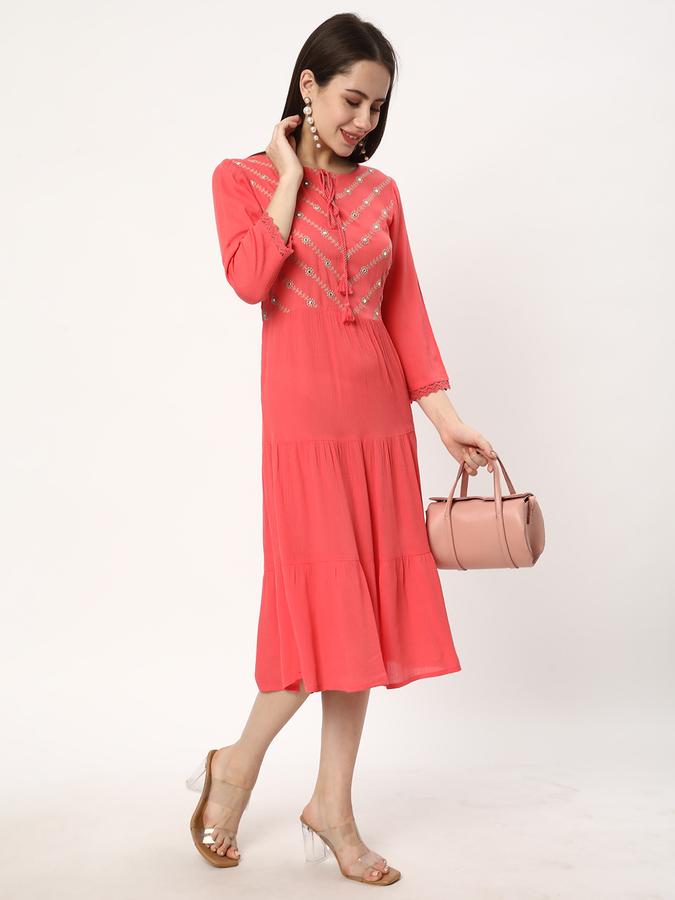 Women Rayon Embroidered Tiered Ethnic Dress