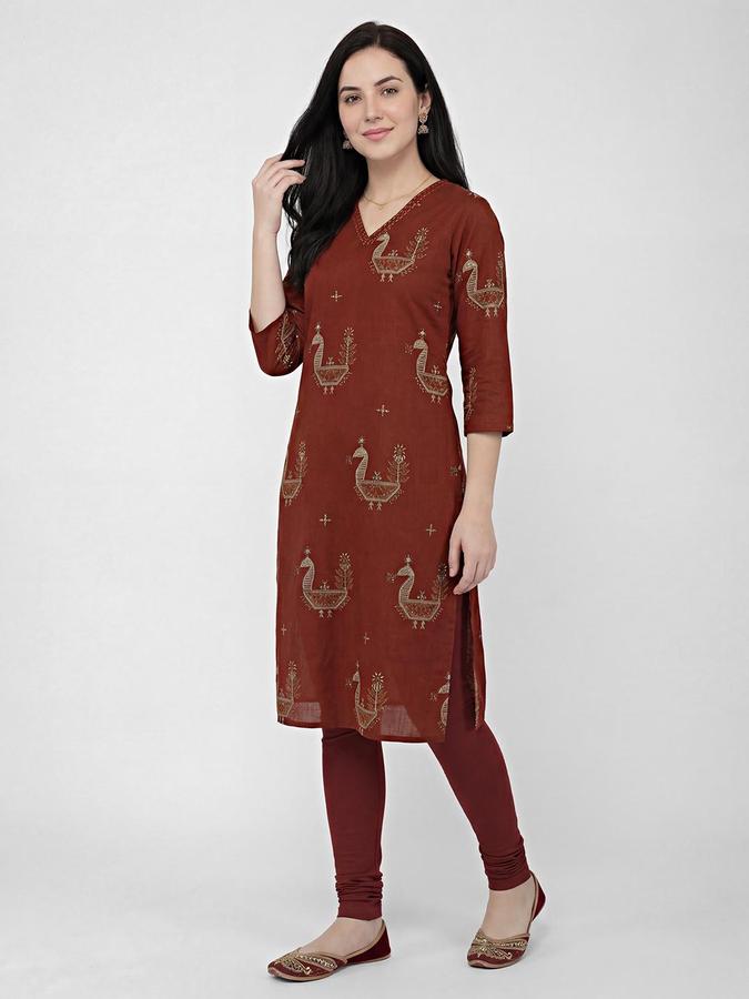 R&B Women Maroon Etnic Motifs Print V-Neck Knee Length Pure Cotton Ethnic Kurta