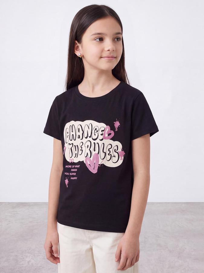 R&B Girls Black Graphic Print Short Sleeves Round Neck Pure Cotton T-Shirt