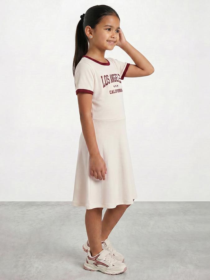 R&B Girl Beige California Graphic Print Pure Cotton Short Sleeves A-Line Dress