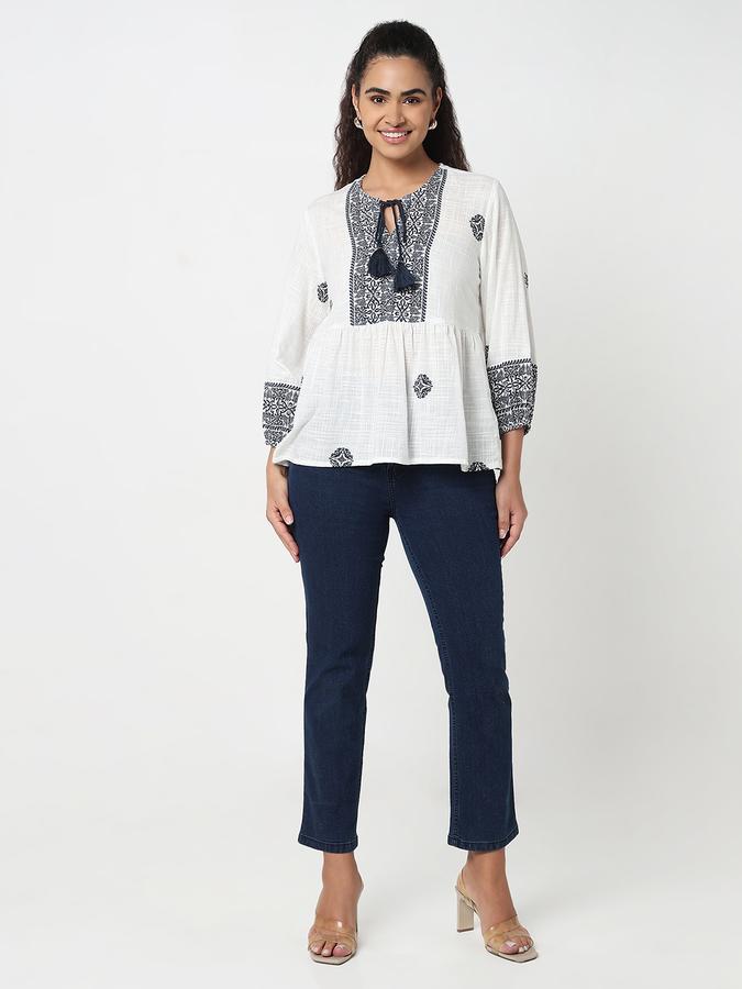 Women Cotton Blend Relaxed Fit Round Neck Embroidered Top
