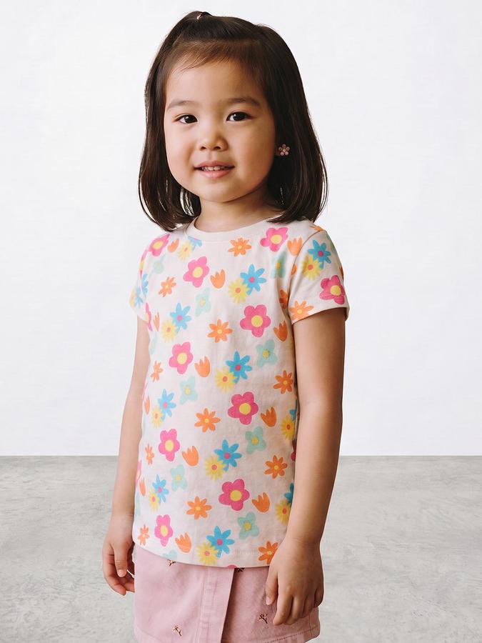 R&B Girls Beige Floral Print Short Sleeves Round Neck Pure Cotton T-Shirt