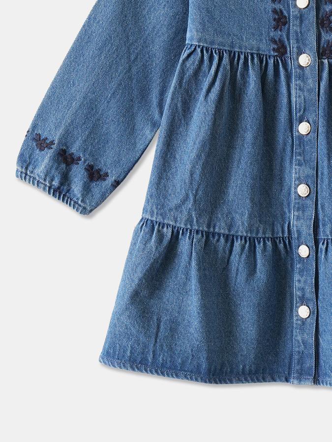 Girls Denim A-Line Round Neck Embroidered Dress