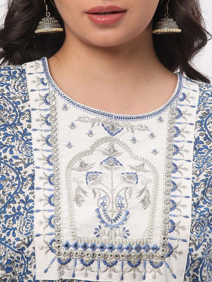 R&B Women Blue Printed Three Quarter Sleeves Fit &amp; Flared Knee Length Ethnic Dress