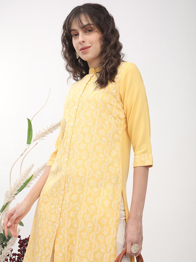Women's regular fit casual  yellow chikankari printed front button down  straight kurta 