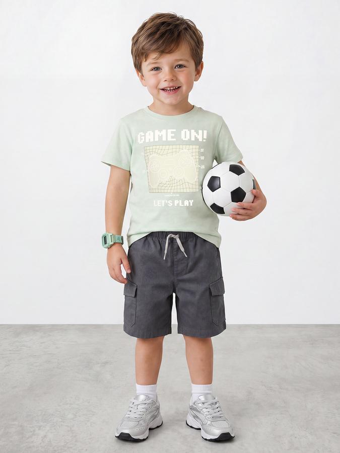 R&B Boys Green Short sleeve Round Neck Game On Typography Graphics Bold Graphic Pure Cotton T-Shirt
