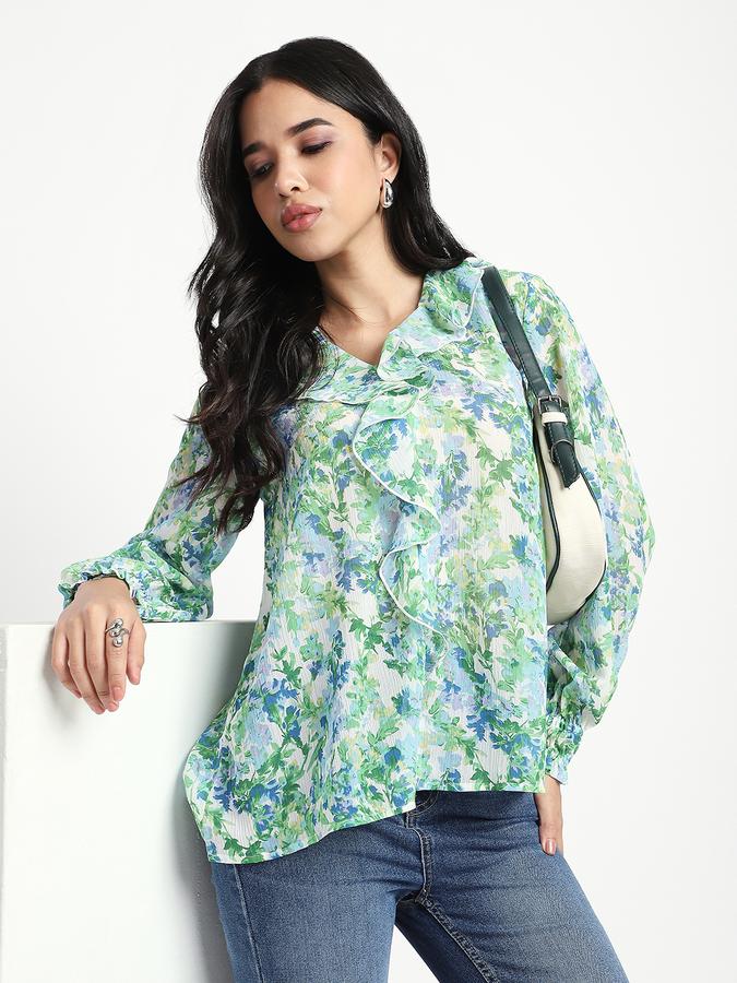 Women Polyester Regular Fit Ruffled Neck Floral Top
