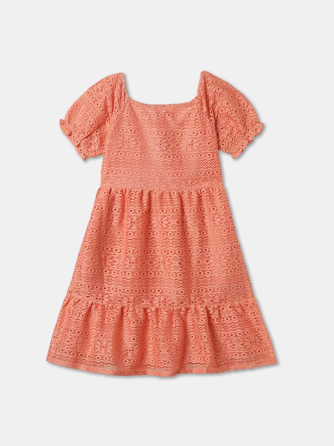 Girls Lace Ruffled Short Sleeve Boat Neck Regular Peach Dress