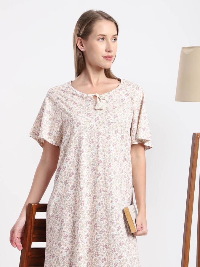 Women Cotton Regular Fit Round Neck Printed Night Shirt
