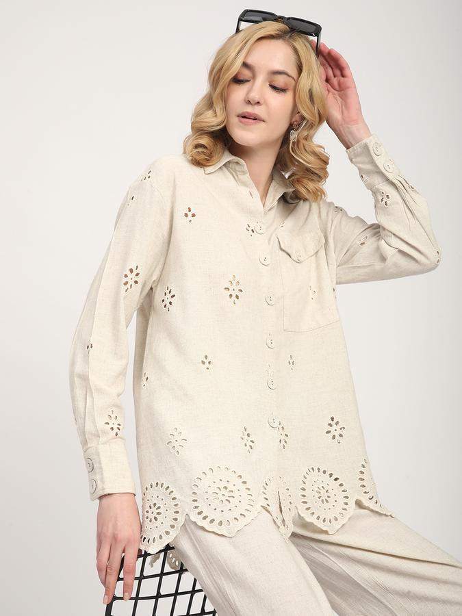 Women Viscose Relaxed Fit Shirt Collar Eyelet Top
