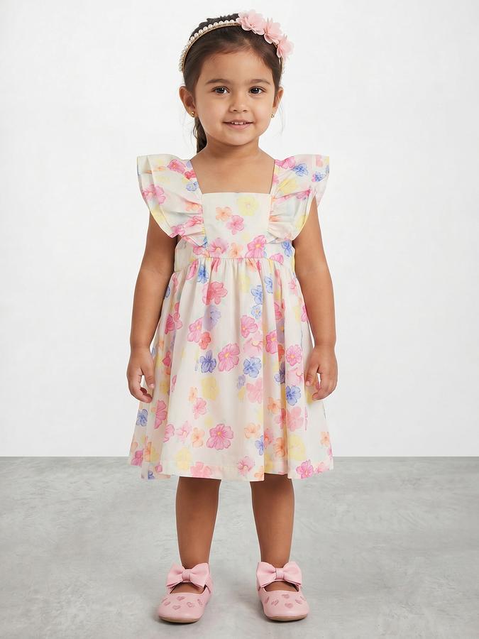 R&B Girl White Floral Print Pure Cotton Flutter Sleeves Fit and Flare Dress