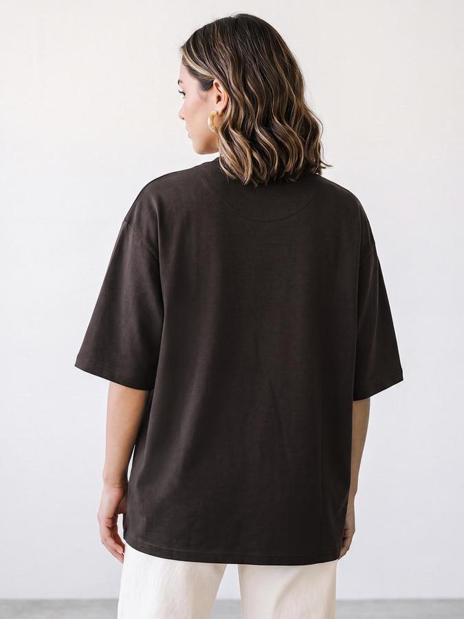 R&B Women Coffee Short Sleeve Round Neck Solid T-Shirt