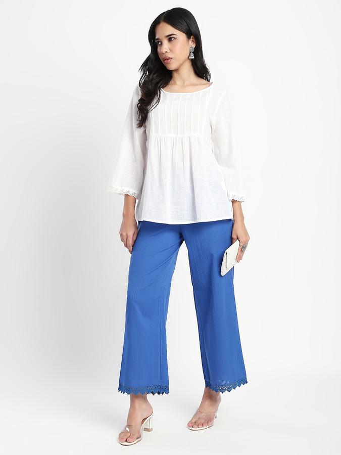 Women Cotton Wide Leg Mid Rise Lace Trim Pants