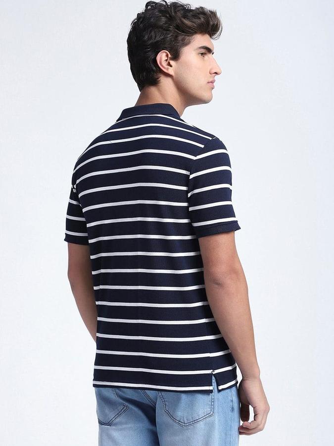 R&B Mens Navy Blue Striped Polo Collar Short Sleeves T-shirt