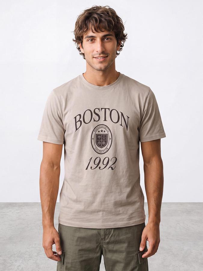 R&B Men Beige Short Sleeve Round Neck Typography Print T-Shirt