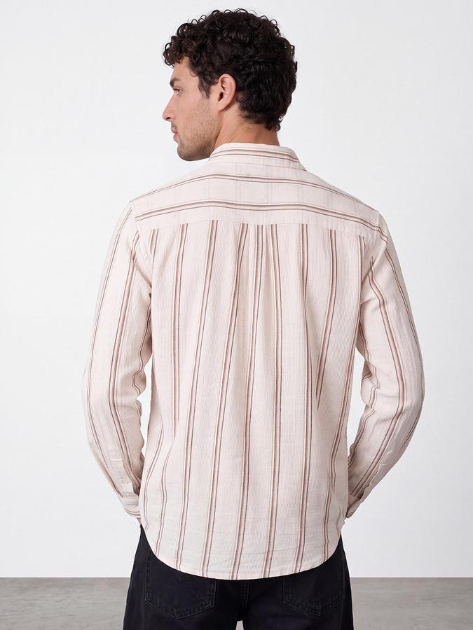 R&B Men Cream Vertical Stripes Long Sleeves Regular Fit Shirt