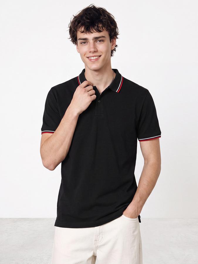 R&B Men Black Solid Short Sleeves Tipping Polo Collar Tshirt