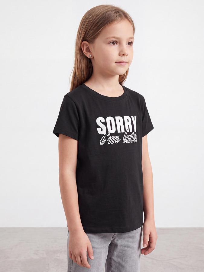 R&B Girls Jet Black Typography Print Short Sleeves Round Neck Pure Cotton T-Shirt