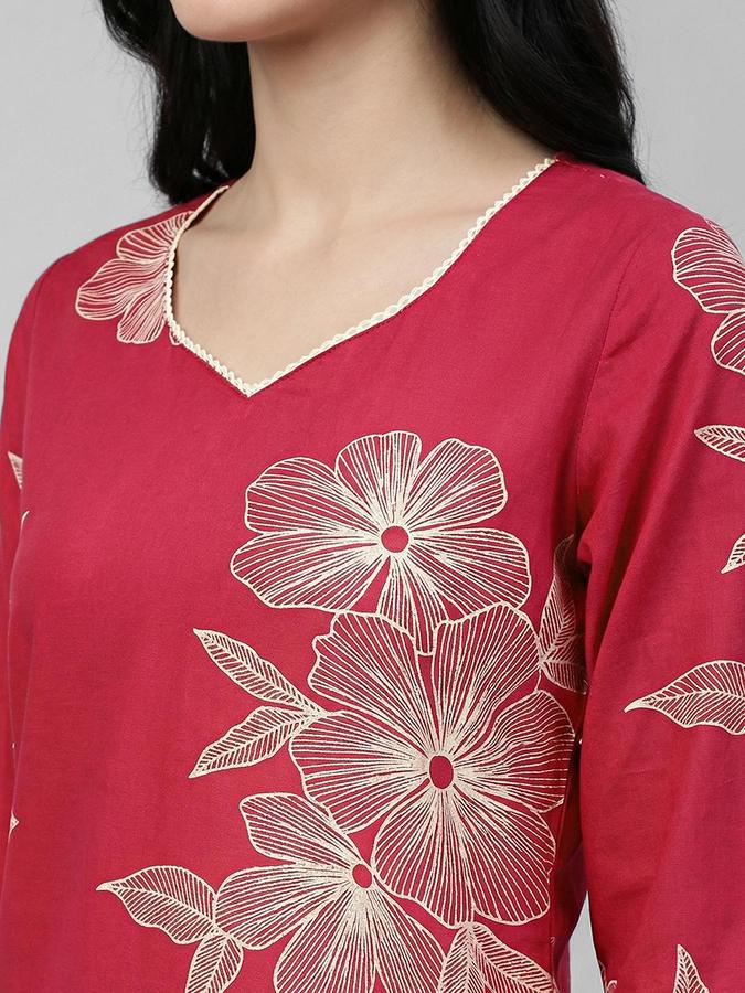 R&B Women Magenta Floral Print V-Neck Knee Length Pure Cotton Ethnic Kurta