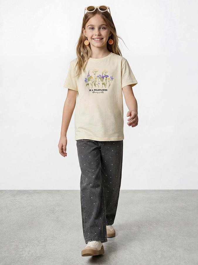 R&B Girls Yellow Regular Fit Floral Print Short Sleeve T-shirt