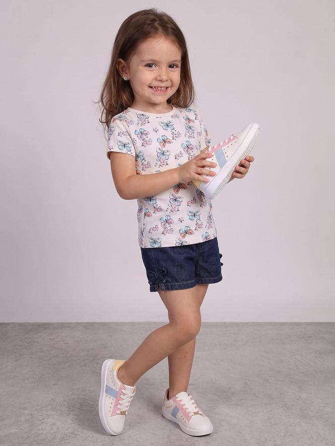 R&B Girls Beige Butterfly Print Short Sleeves Round Neck Pure Cotton T-Shirt