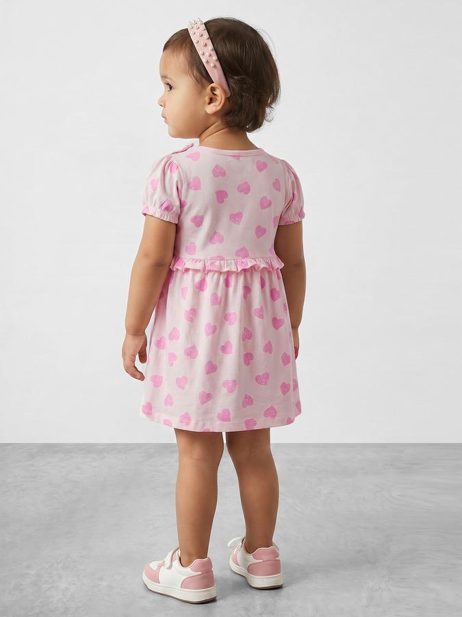 R&B Girl Pink Heart Print Pure Cotton Puff Sleeves Fit and Flare Dress