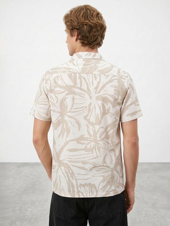 R&B Men Beige Abstract Print Resort Collar Short Sleeves Regular Fit Shirt