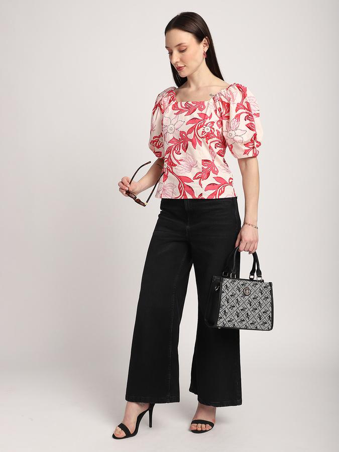R&B Women Peach Floral Print Puff-Sleeve Top