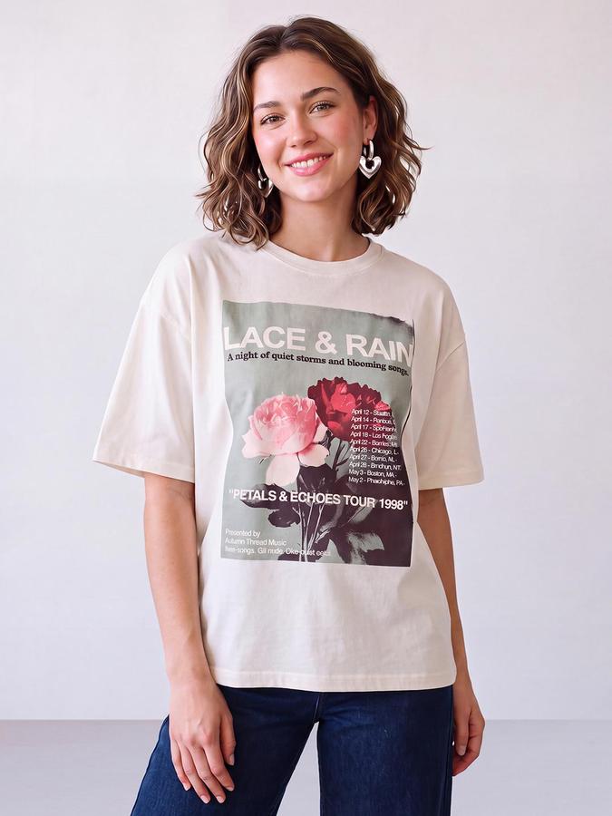 R&B Women Baby Pink Graphic Print Pure Cotton Round Neck Short Sleeves T-Shirt