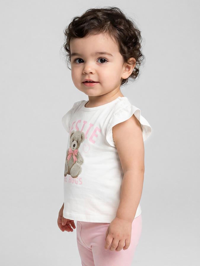 R&B White Graphic Print Girls Round Neck Regular Fit Short Sleeves T-Shirt 