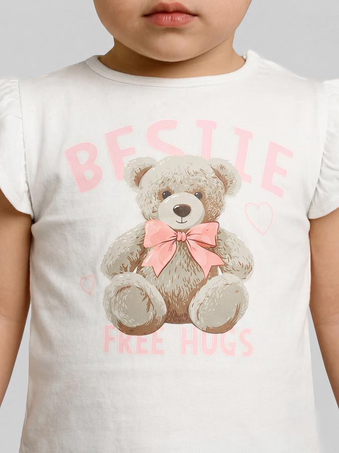 R&B White Graphic Print Girls Round Neck Regular Fit Short Sleeves T-Shirt 