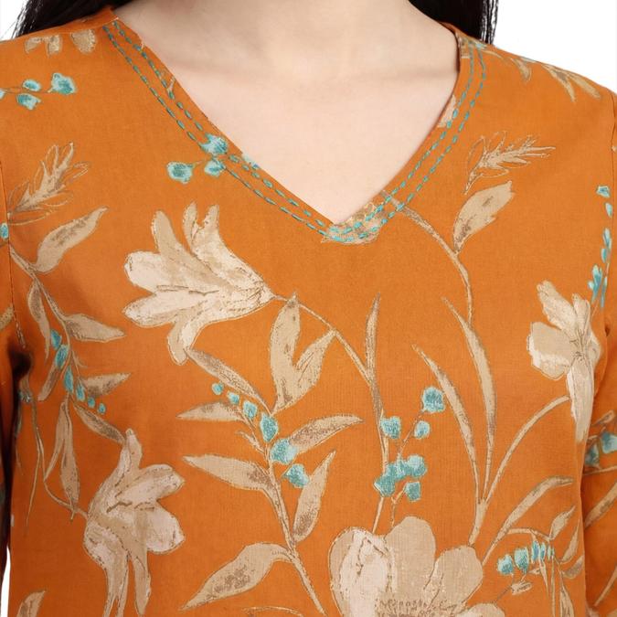 R&B Orange Women V-Neck Three-Quarter Sleeves Kurta 