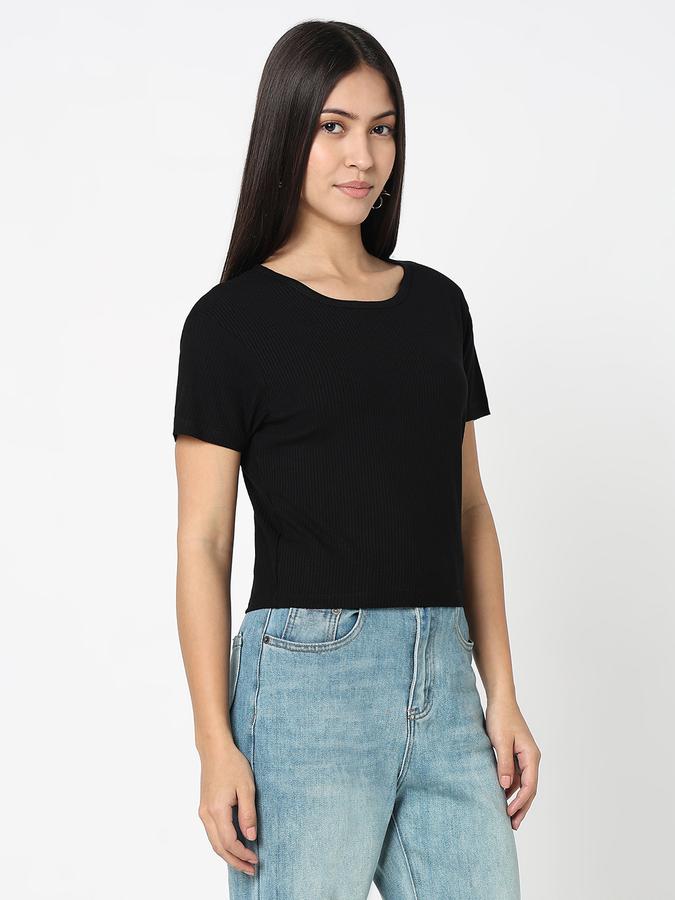 Women Viscose Crop Fit Round Neck Ribbed Top